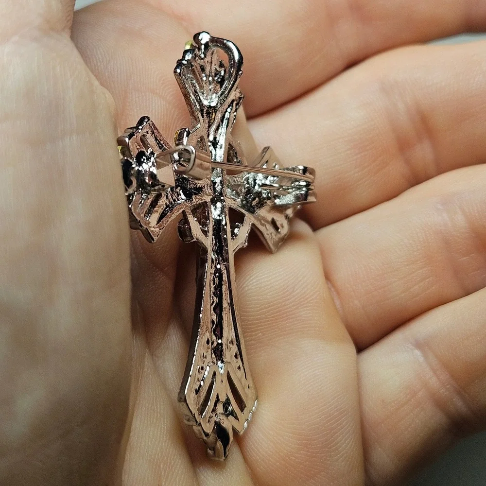 Rhinestone Cross Pendant Women OS Silver AB Crystal Gothic Filigree